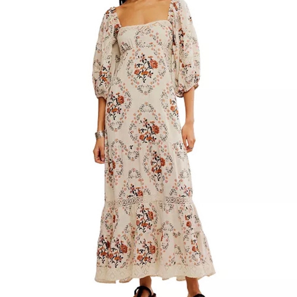 Free People Cream Floral Puff-Sleeve Maxi Dress